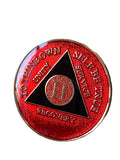 2 Year AA Medallion Red Black Gold Plated Tri-Plate Sobriety Chip Serenity Prayer Back