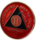 2 Year AA Medallion Red Black Gold Plated Tri-Plate Sobriety Chip Serenity Prayer Back