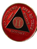 2 Year AA Medallion Red Black Gold Plated Tri-Plate Sobriety Chip Serenity Prayer Back