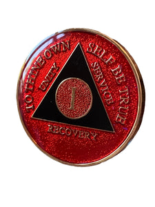 1 Year AA Medallion Red Black Gold Plated Tri-Plate Sobriety Chip Serenity Prayer Back