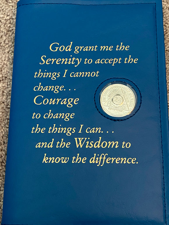 AA Twelve And Twelve Book Cover Vinyl Leather Feel Medallion Holder Serenity Prayer Blue Color