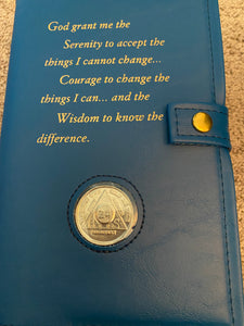 AA Big Book & 12 x 12 Double Cover Leather Feel Vinyl Medallion Holder Serenity Prayer Blue Color