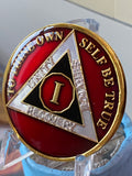 1 Year AA Medallion Metallic Red Black Gold and Nickel Plated Tri-Plate Sobriety Chip