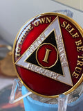 1 Year AA Medallion Metallic Red Black Gold and Nickel Plated Tri-Plate Sobriety Chip