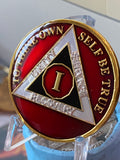 1 Year AA Medallion Metallic Red Black Gold and Nickel Plated Tri-Plate Sobriety Chip