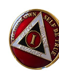 1 Year AA Medallion Metallic Red Black Gold and Nickel Plated Tri-Plate Sobriety Chip