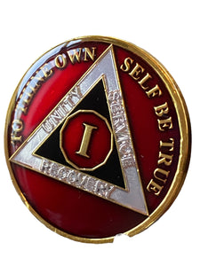 1 Year AA Medallion Metallic Red Black Gold and Nickel Plated Tri-Plate Sobriety Chip