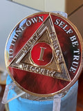 1 Year AA Medallion Lava Red Tri-Plate Sobriety Chip Serenity Prayer Back