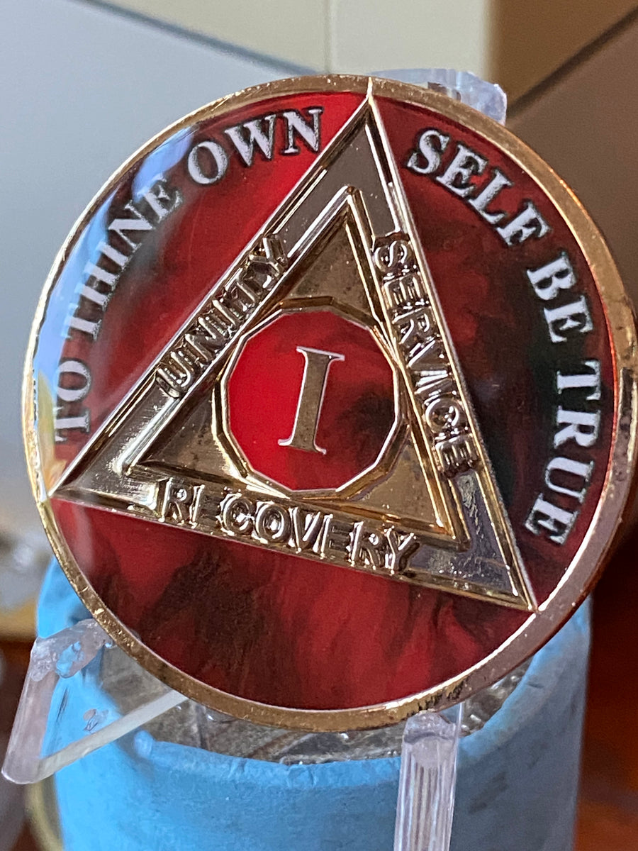 1 Year AA Medallion Lava Red Tri-Plate Sobriety Chip Serenity Prayer B ...