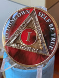 1 Year AA Medallion Lava Red Tri-Plate Sobriety Chip Serenity Prayer Back