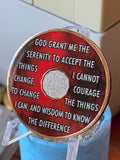 1 Year AA Medallion Lava Red Tri-Plate Sobriety Chip Serenity Prayer Back