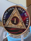 1 Year AA Medallion Purple Red Swirl Tri-Plate Sobriety Chip Serenity Prayer Back