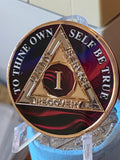 1 Year AA Medallion Purple Red Swirl Tri-Plate Sobriety Chip Serenity Prayer Back