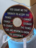 1 Year AA Medallion Purple Red Swirl Tri-Plate Sobriety Chip Serenity Prayer Back