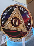 2 Year AA Medallion Purple Red Swirl Tri-Plate Sobriety Chip Serenity Prayer Back