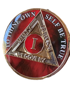 1 Year AA Medallion Lava Red Tri-Plate Sobriety Chip Serenity Prayer Back