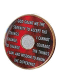 1 Year AA Medallion Purple Red Swirl Tri-Plate Sobriety Chip Serenity Prayer Back