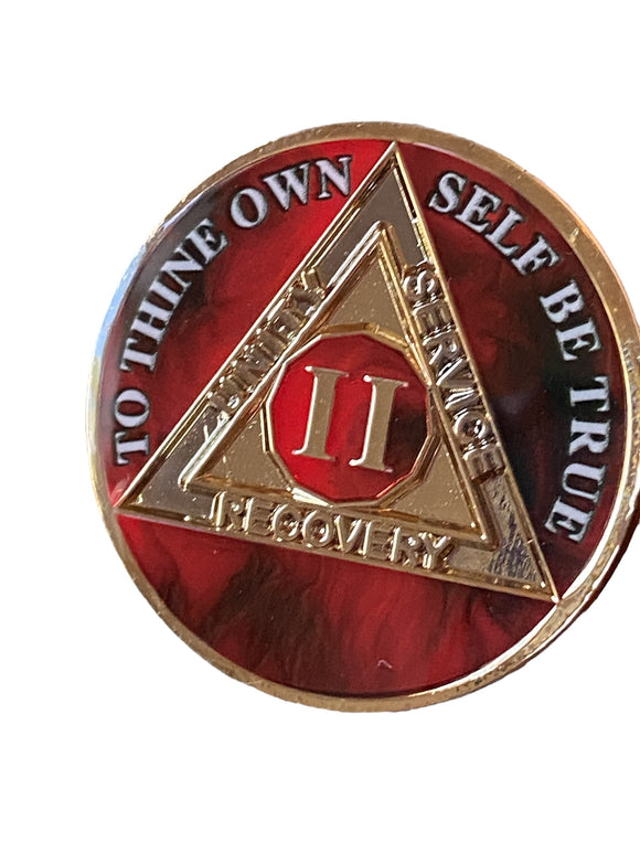 2 Year AA Medallion Lava Red Tri-Plate Sobriety Chip Serenity Prayer Back