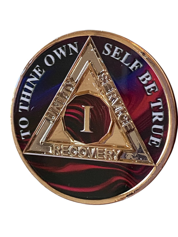 1 Year AA Medallion Purple Red Swirl Tri-Plate Sobriety Chip Serenity Prayer Back