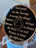 1 Year AA Medallion Skull Design Black Tri-Plate Sobriety Chip Serenity Prayer Back