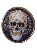 1 Year AA Medallion Skull Design Black Tri-Plate Sobriety Chip Serenity Prayer Back