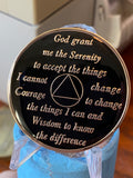 1 Year AA Medallion Flame Design Sobriety Chip Black Orange Serenity Prayer Back