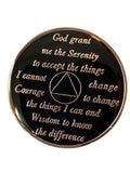 1 Year AA Medallion Flame Design Sobriety Chip Black Orange Serenity Prayer Back