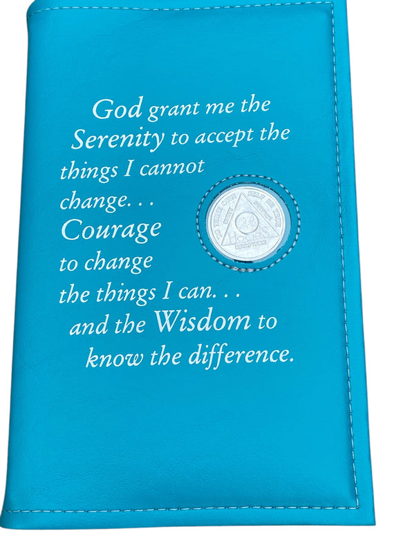 AA Big Book Cover Leather Feel Vinyl Medallion Holder Serenity Prayer Teal Color