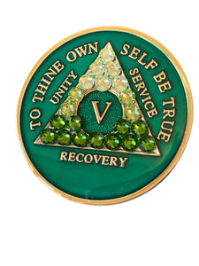 5 Year AA Medallion Green Transition Crystal Tri-Plate Sobriety Chip