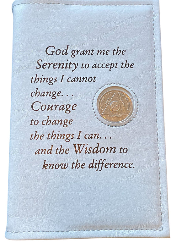 AA Big Book Cover Leather Feel Vinyl Medallion Holder Serenity Prayer White Color