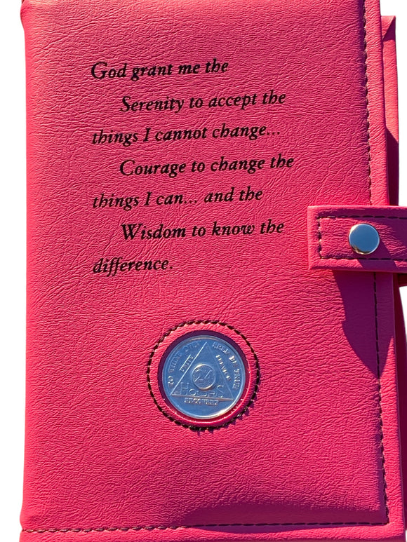 AA Big Book & 12 x 12 Double Cover Leather Feel Vinyl Medallion Holder Serenity Prayer Pink Color