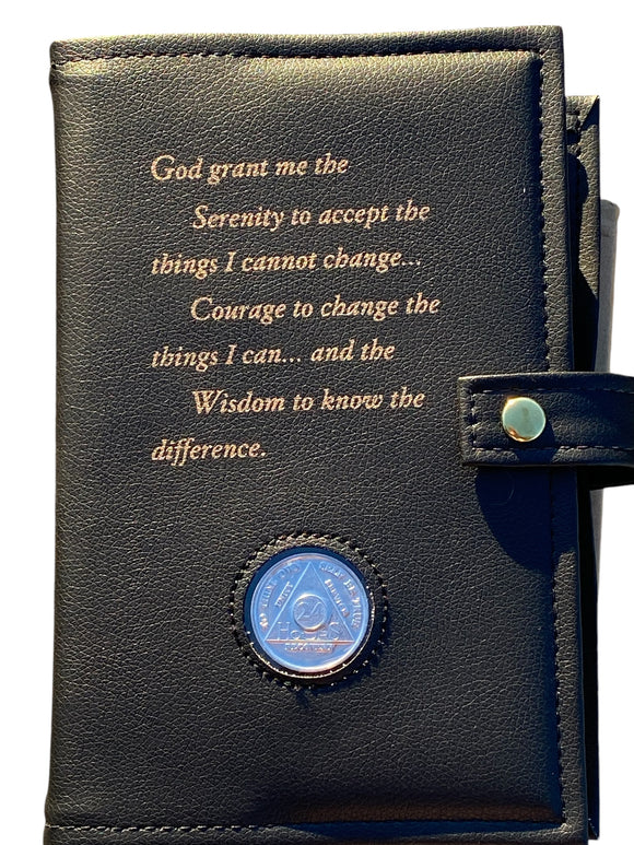 AA Big Book & 12 x 12 Double Cover Leather Feel Vinyl Medallion Holder Serenity Prayer Black Color