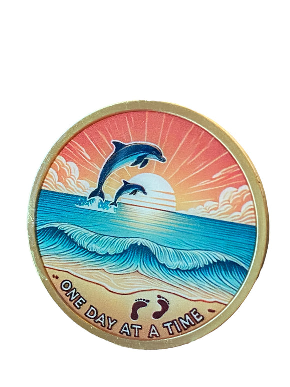 Jumping Dolphins Footprints Beach One Day At A Time Medallion Serenity Prayer Chip