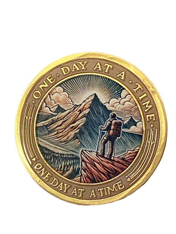 Mountain Climber One Day At A Time Medallion Serenity Prayer Chip