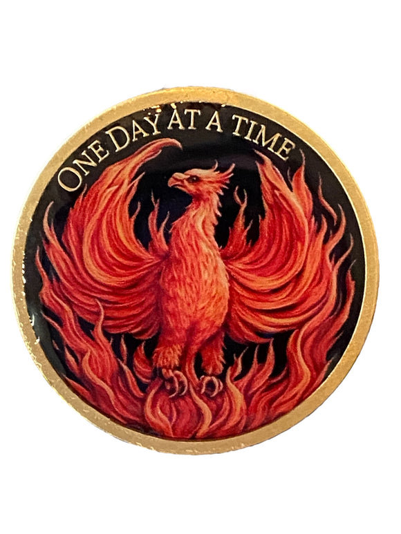 Phoenix Out Of The Ashes One Day At A Time Medallion Serenity Prayer Chip Red Black