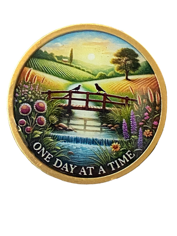 Field and Creek Bridge One Day At A Time Medallion Serenity Prayer Chip