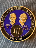 12 Year AA Founders blue tri-plate medallion front Bill W and Dr Bob