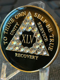 45 Year AA crystal medallion black tri-plate angled view