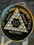 45 Year AA black crystal sobriety chip side angle