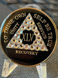 45 Year AA medallion glossy black tri-plate with clear crystals XLV front