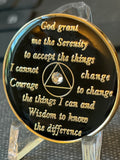 Back of AA medallion Serenity Prayer with clear crystal center