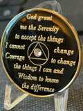 Serenity Prayer back of black tri-plate AA medallion glass-like epoxy dome