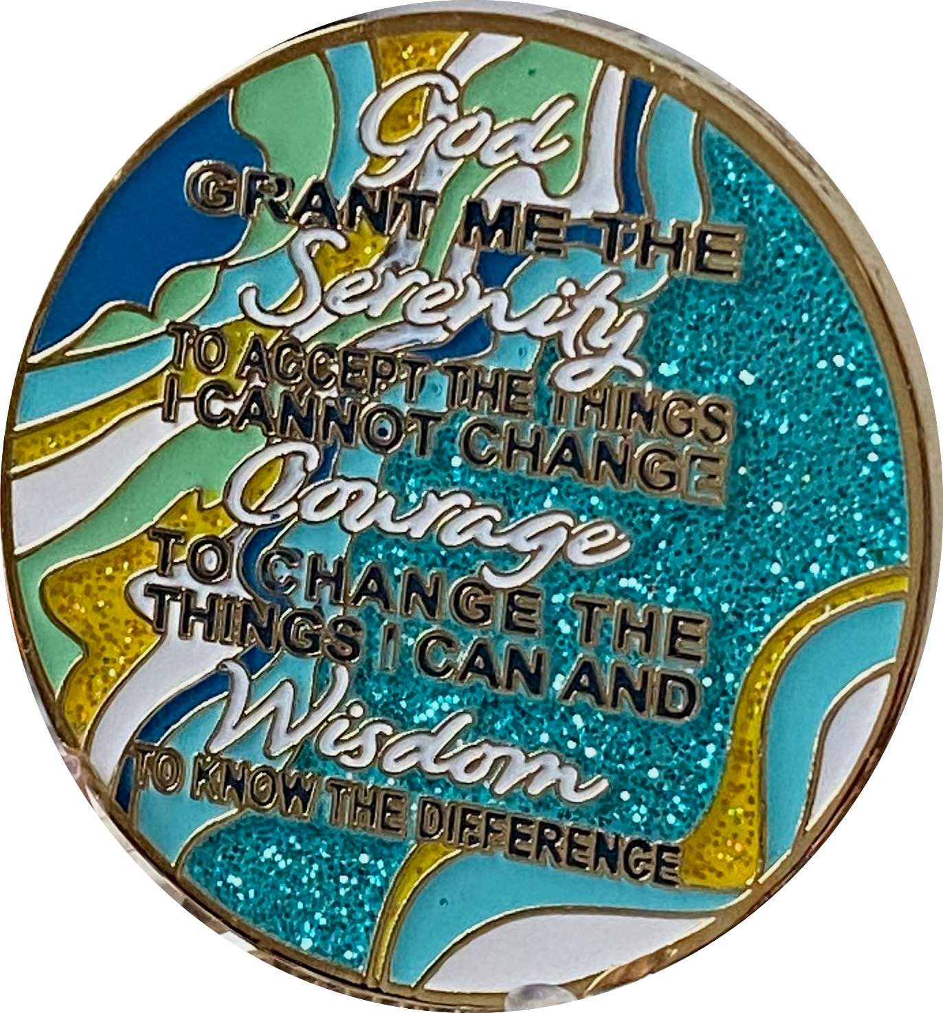 11 Year AA Sobriety Medallion - Elegant Marble Tahiti Teal Blue & Pink With Gold Plating - View #10