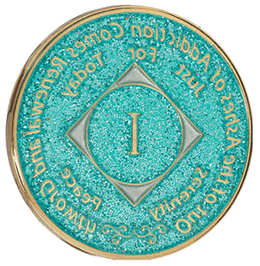 1 - 45 Year NA Tri-Plate Clean Time Chip Aqua Glitter Medallion