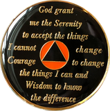 1 Year AA Medallion Orange Black Tri-Plate Sobriety Chip Serenity Prayer Back