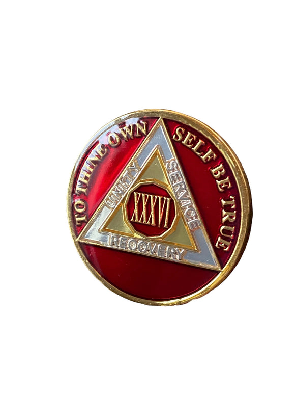 36 Year AA Medallion Metallic Mandarin Red Tri-Plate Sobriety Chip