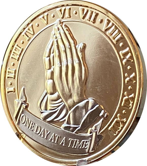 Praying Hands One Day At A Time Large 39mm Gold Plated Medallion Chip Serenity Prayer Years 1-12