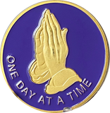 Praying Hands One Day At A Time Purple Gold Tone Serenity Prayer Medallion