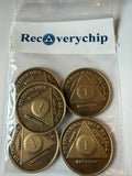 RecoveryChip branded package of five 1 Year bronze sobriety chips