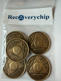 RecoveryChip 1 Year bronze AA medallion 5 pack in RecoveryChip branded packaging